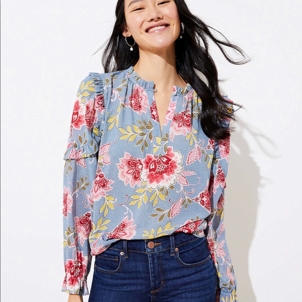 NWT LOFT Garden Ruffle Split Neck Blouse
